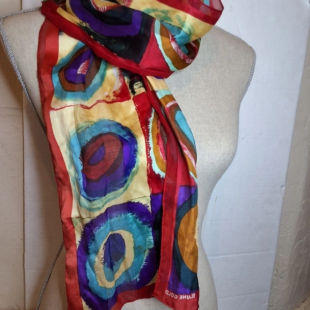 Elaine Gold  Vintage Modernist Design Oblong Silk Colorful Circles Scarf/ Wrap